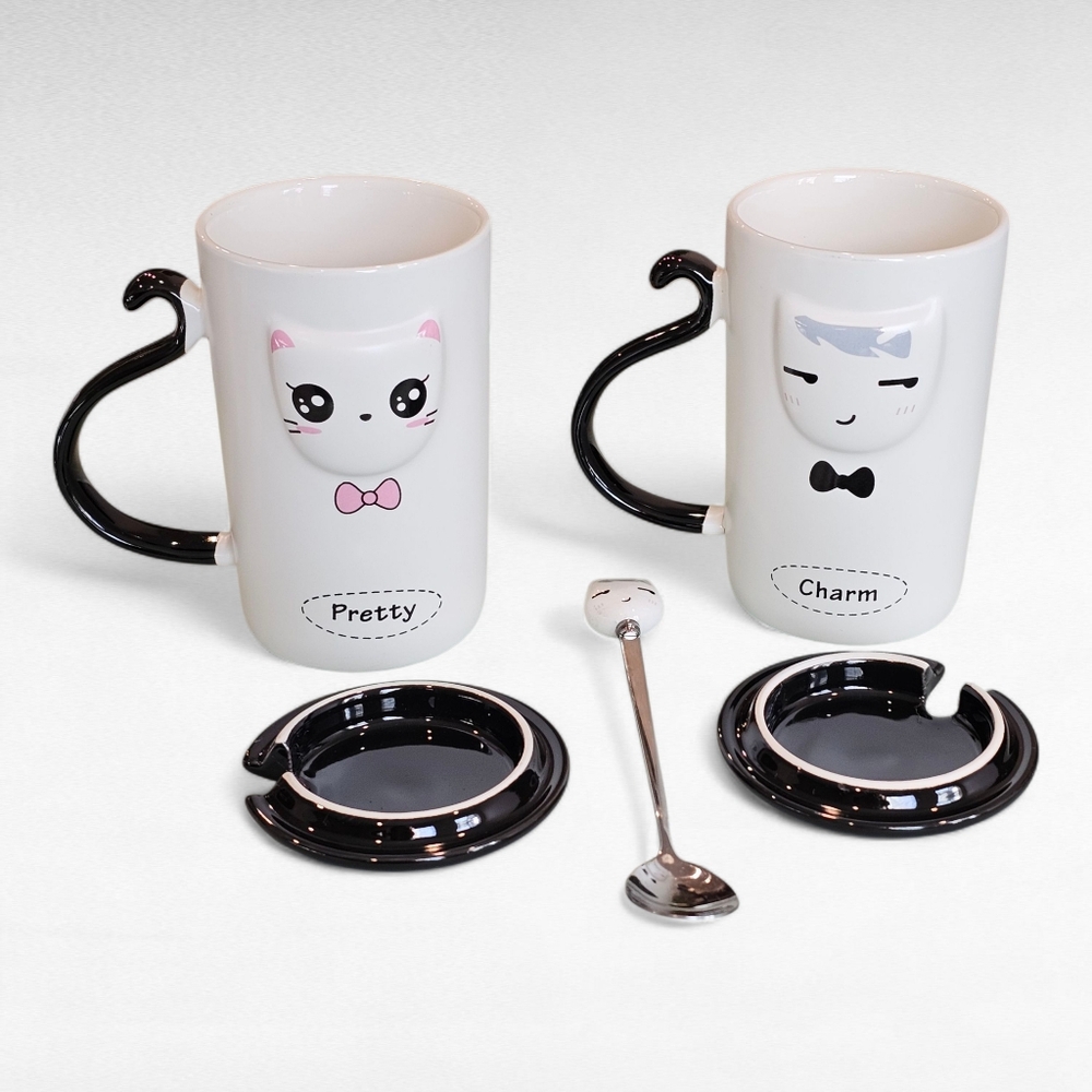 Cat Coffee Mug Set 2 with Spoon and Lids